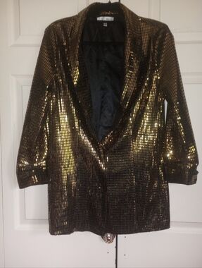 WD·NY Gold Metallic Blazer Statement Jacket Rectangular Mirror Sequin Strips M